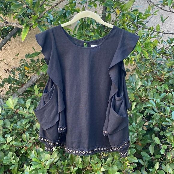 Misa Los Angeles Black Linen Blend Peasant Top w/Metal Eyelets. Medium. EUC! - Picture 2 of 7